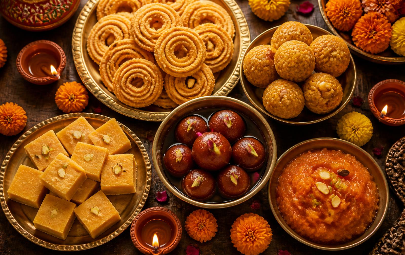 Overhead spread of Deepavali sweets and Indian snacks — laddu, murukku, jalebi and barfi with lit diyas